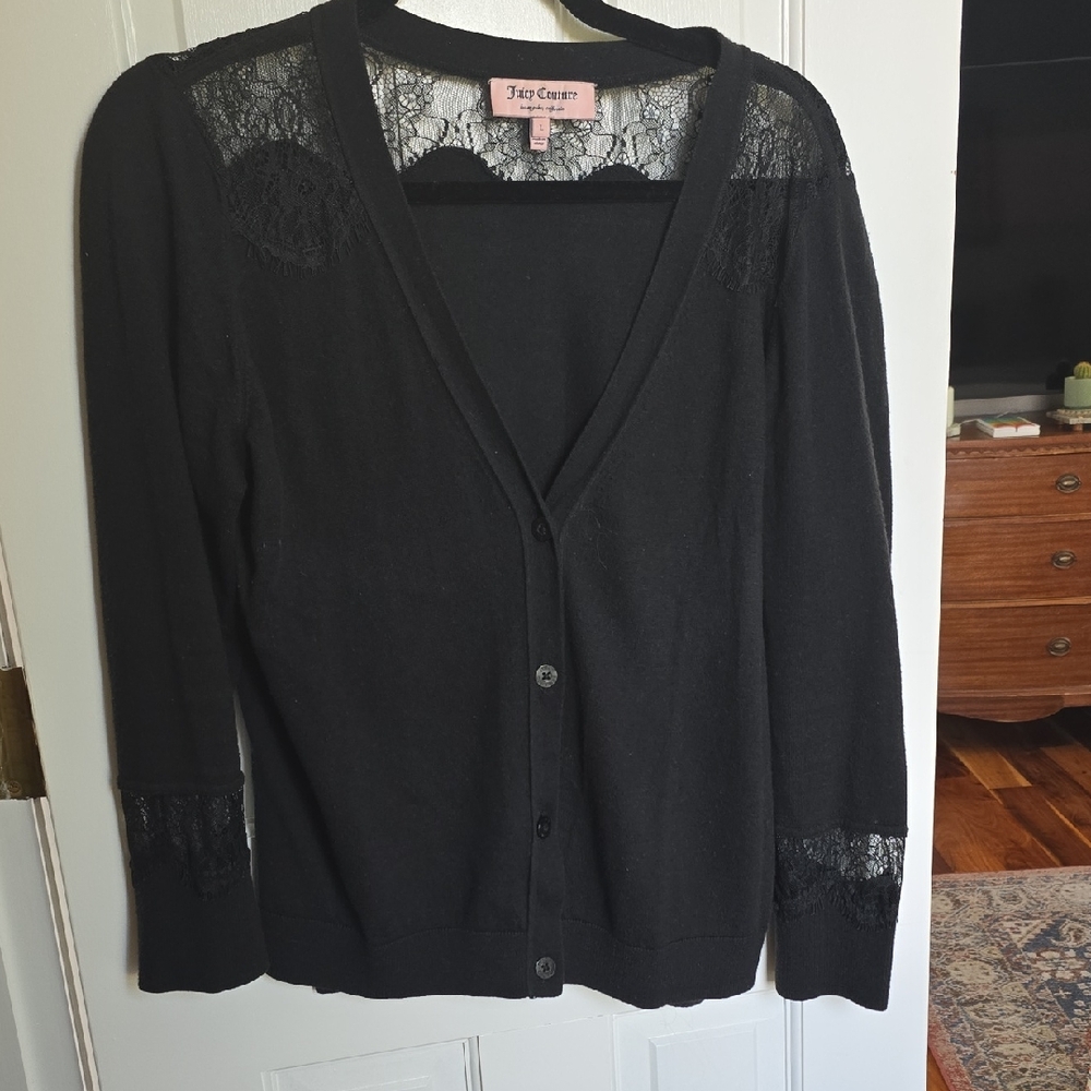 Juicy Couture Black Cardigan with Lace Accents